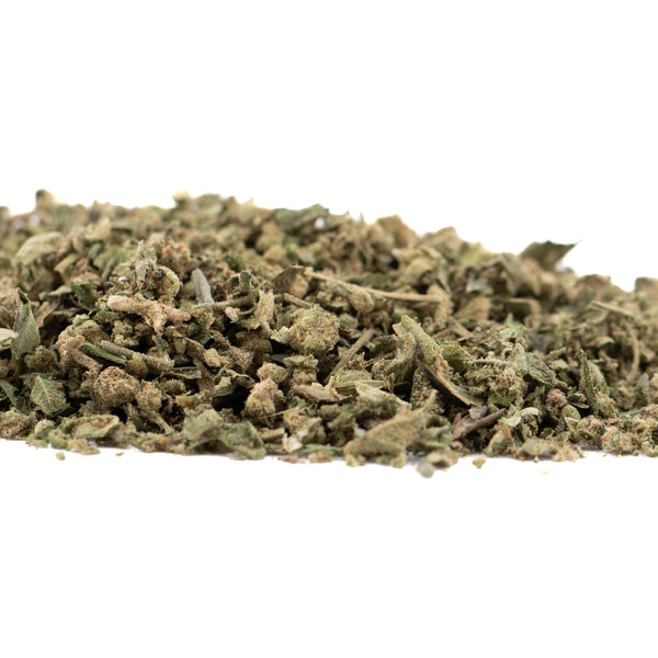Pile of dried green herbs for Guava Tartz THCa Trim Wholesale 1LB product