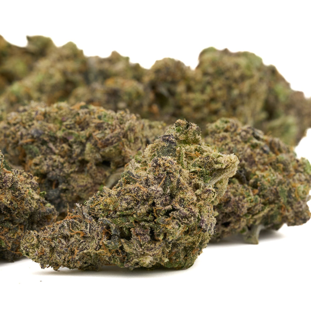 Pile of purple and green cannabis buds for Hash Burger Indoor THCa Flower 5 gram