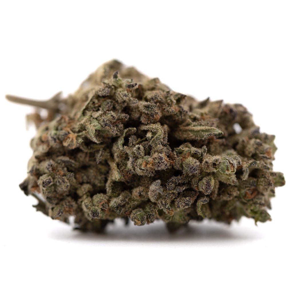Mendo Breath THCa flower: green-brown marijuana bud with resin glands