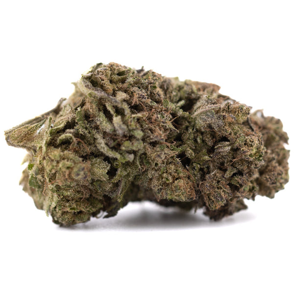 Purple Marmalade THCa hemp flower showing green and brown buds covered in trichomes