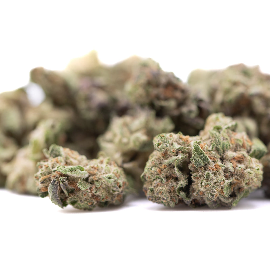 Premium Subzero THCa hemp flower smalls: green purple bud with white trichomes